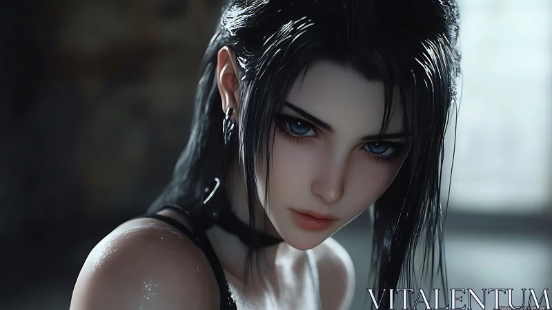 Brooding warrior girl meets your gaze with quiet intensity