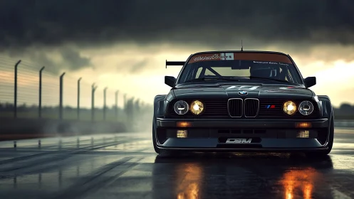 Storm-lit classic BMW racer roars over rain-dark track.