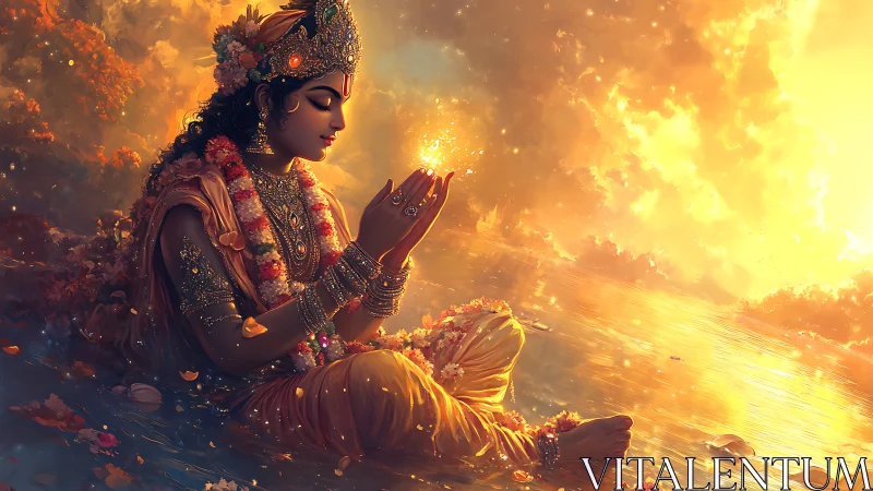 Divine figure meditates by a glowing river at golden sunset