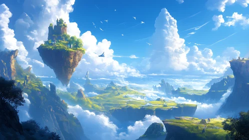 Floating Castle in Sky Islands Fantasy Landscape.