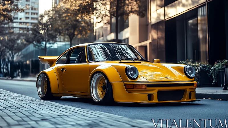 Yellow widebody classic sports car parked on city street.