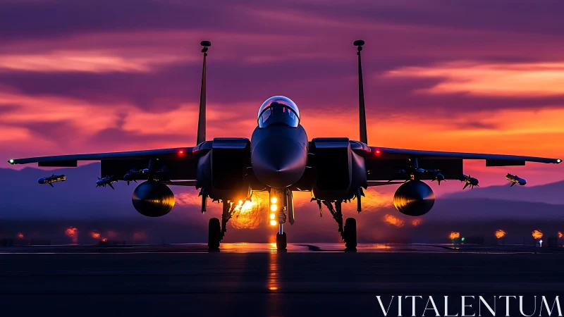 Military jet on runway at vivid sunset with flares aglow.