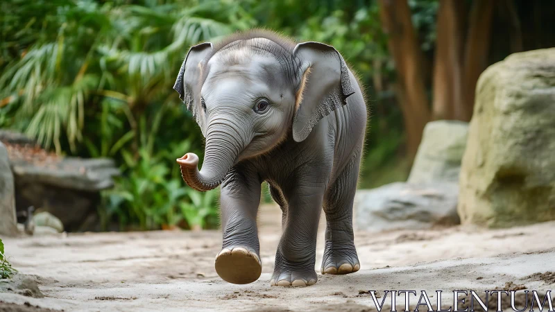 Playful baby elephant trotting through sunlit jungle path.