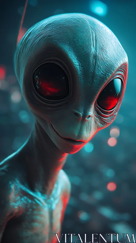 Curious alien visitor gazes ahead in neon sci fi glow