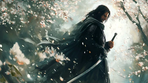 Solitary swordsman walks under falling blossom petals