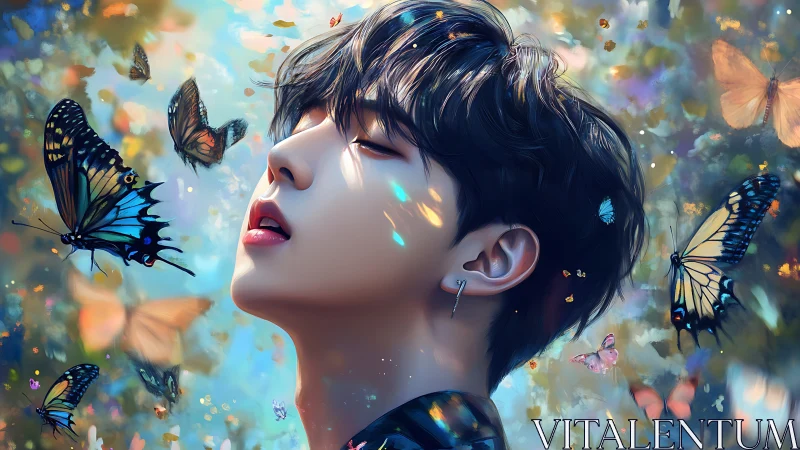 Young person surrounded by vivid butterflies in soft light.