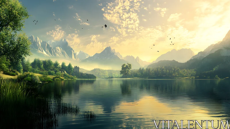 Sunlit alpine lake with misted peaks and mirrored sky.