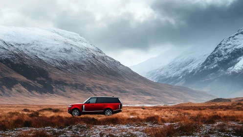 Crimson SUV threading solitude through storm-kissed highlands.