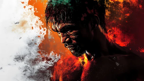 Intense male fighter portrait in bold fiery colors.