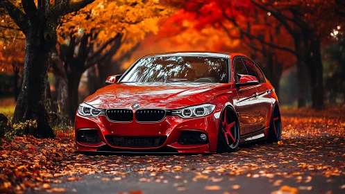 Red BMW sports sedan glows amid vivid autumn foliage.