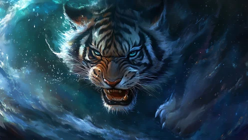Cosmic water tiger lunging through swirling starlit waves.