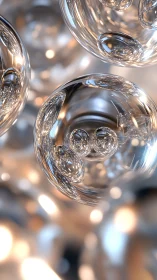 Glass spheres float in soft bokeh light and shimmering reflections.