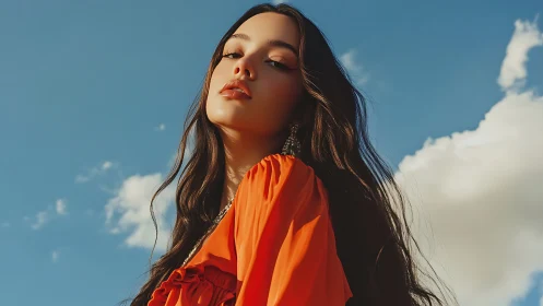 Sunlit gaze drifts upward beneath a cloud-brightened sky