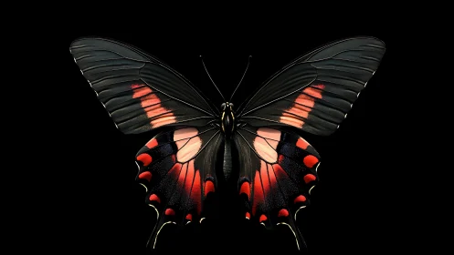 Velvet-winged butterfly glowing softly against night sky.
