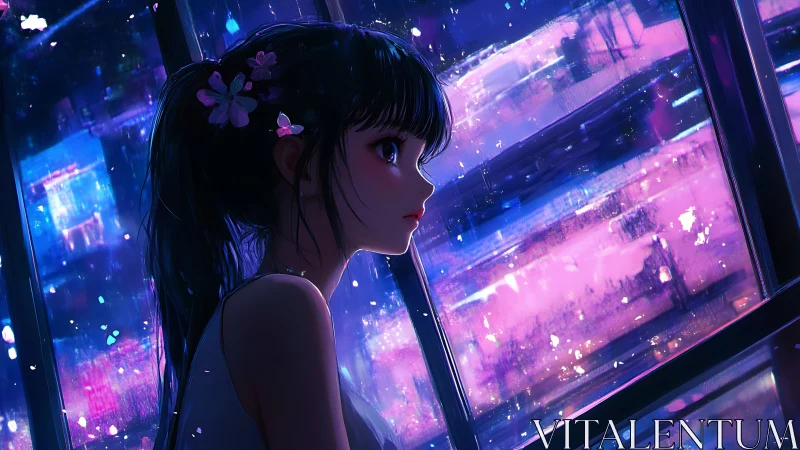 Girl watches neon city lights through rain streaked window