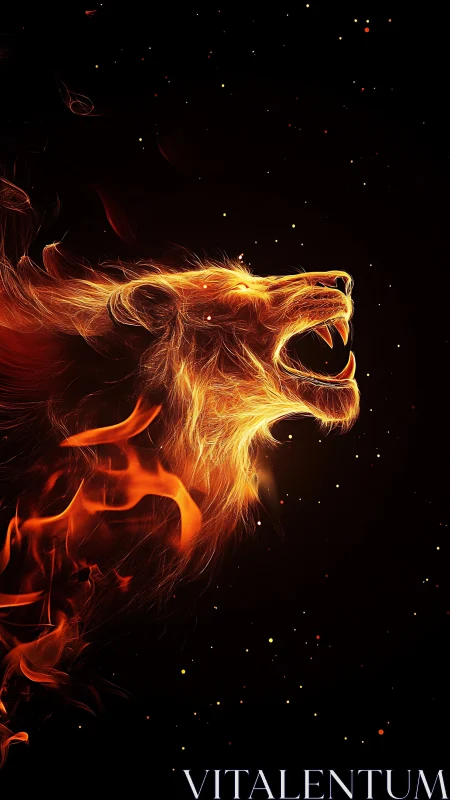 Fiery lion silhouette roars against a deep cosmic night sky