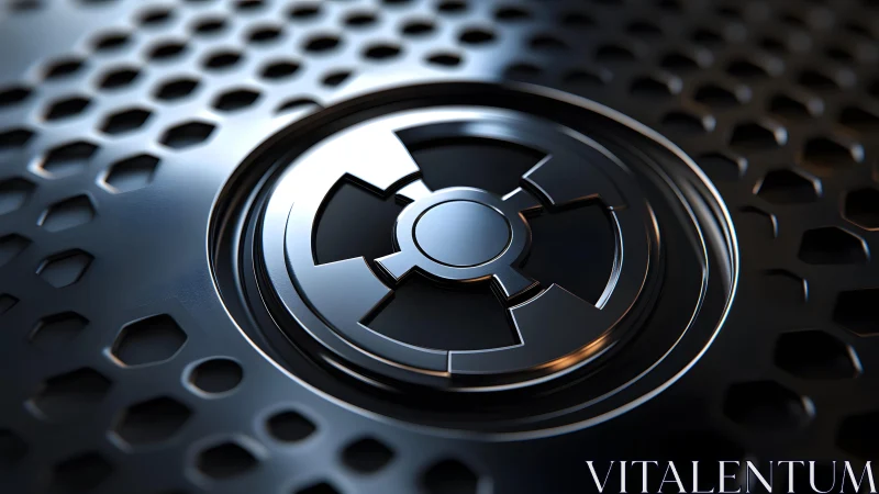 Futuristic Metallic Emblem on Hexagonal Patterned Surface.