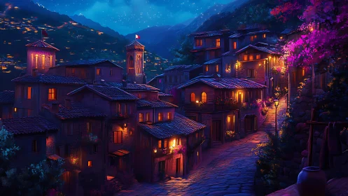Romantic hilltop village glows under a clear starlit sky