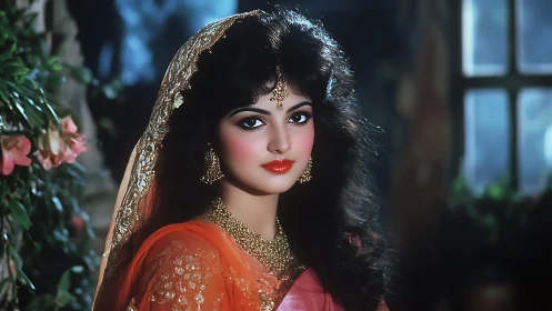 Woman in ornate saree poses indoors with direct gaze