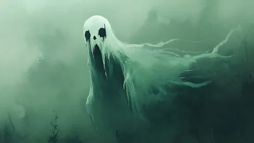 Ghostly white figure drifts through dense green mist