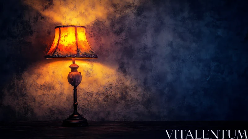 Vintage table lamp casting warm glow on textured wall