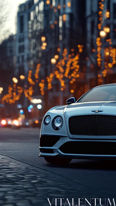 Luxury coupe glides through city street at blue hour twilight.