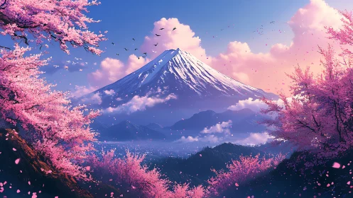 Cherry blossom clouds serenade a snow crowned mountain