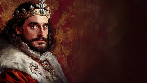 Regal oil portrait of crowned medieval king in finery.