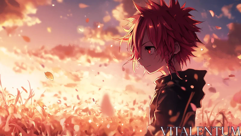 Red haired anime character in warm sunset field scene.