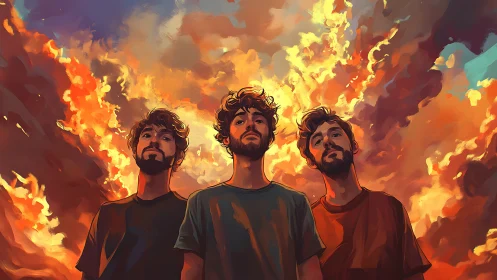 Three Figures Against Inferno: Digital Illustration