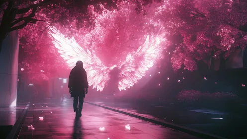 Silhouetted figure under neon angel wings in sakura corridor