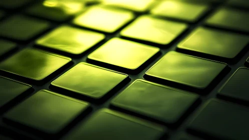 Close-up of green illuminated square tiles in abstract style.