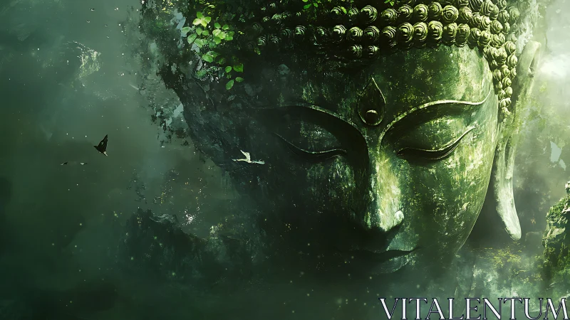 Colossal moss-covered Buddha visage in misty jungle gorge