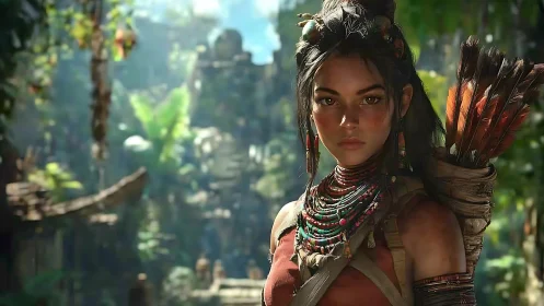 Young archer in dense jungle with ancient stone ruins.