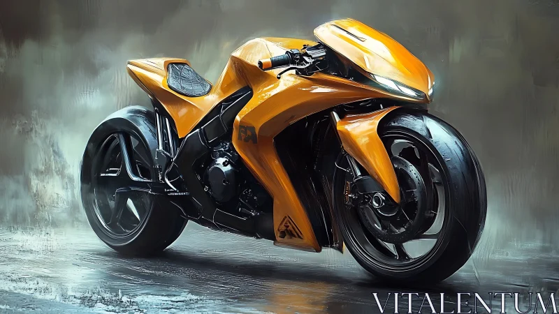 Orange futuristic sport motorcycle on wet reflective surface.