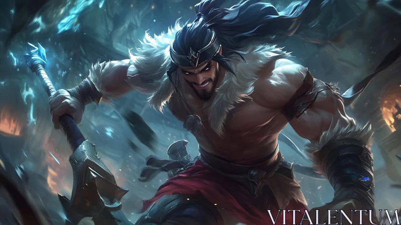 Barbarian warrior lunges forward with heavy battle axe.