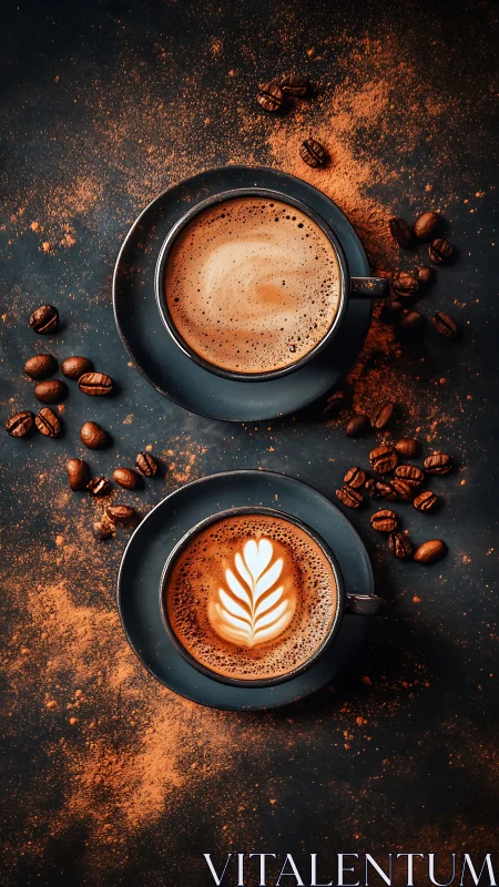Moody overhead coffee scene with latte art and cocoa dust.