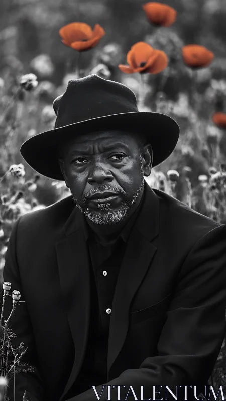 Monochrome field portrait isolates subject amid vivid poppies