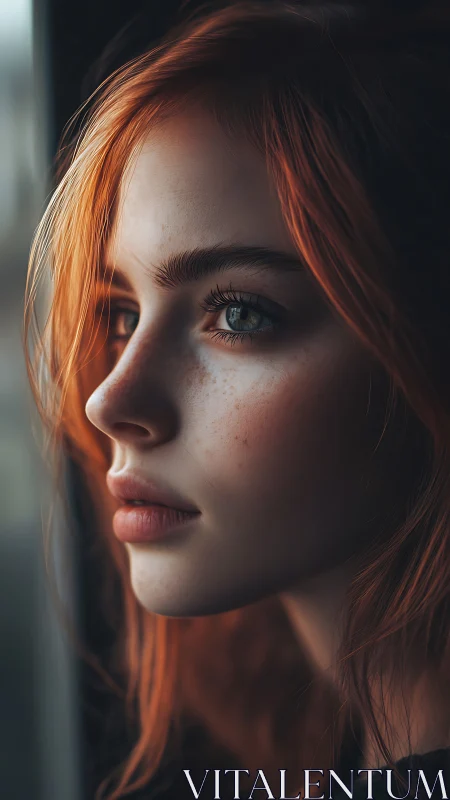 Cinematic close-up portrait of red-haired young woman profile.