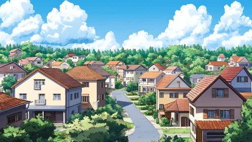 Sunny neighborhood street with cozy homes and bright skies.