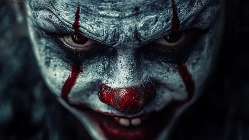 Sinister clown close-up under harsh cinematic lighting.