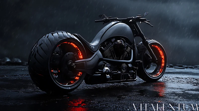 Futuristic low-slung motorcycle showcases neon rim lighting and massive rear tire