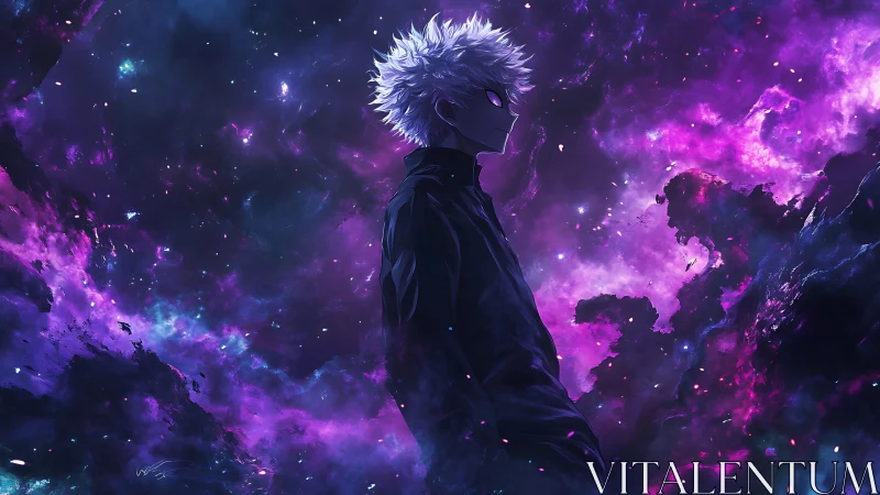 Starlit voidwalker stands beneath roaring violet nebula skies.