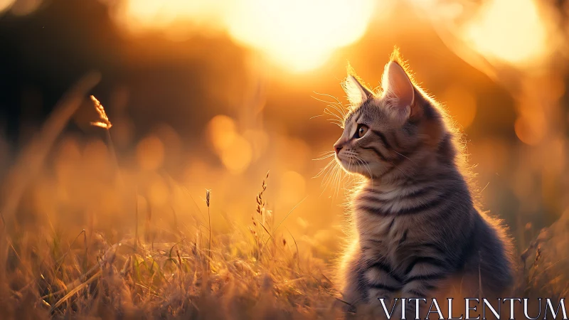 Sunset-dusted kitten studies a drifting meadow ember of light