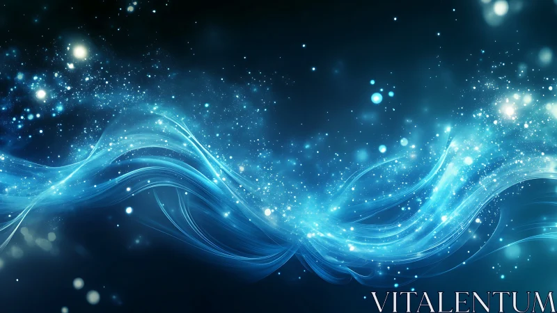 Blue luminous light trails curve across a dark abstract field