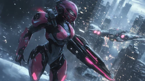 Armored exosuit operative scans snowy cyberpunk skyline vigilantly.