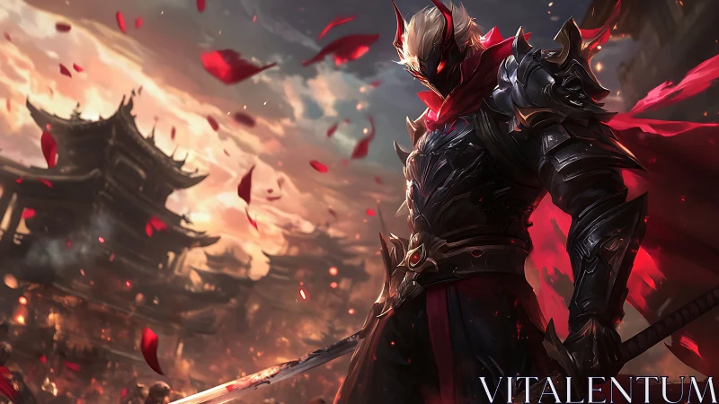 Armored dark swordsman dominates burning pagoda skyline in petals