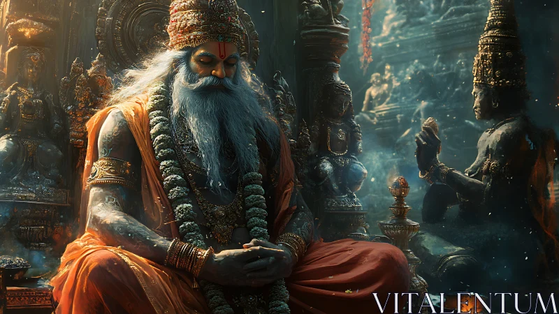 Meditating sage amid ornate temple statues and incense.