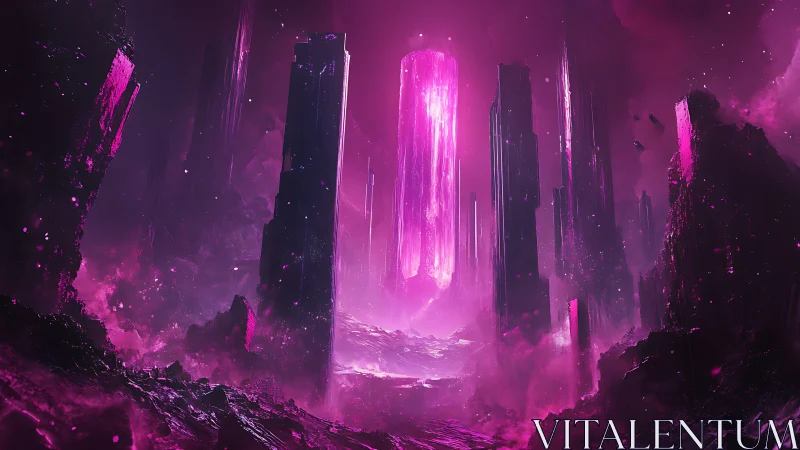 Vertical magenta crystal monoliths illuminate a fractured alien basin