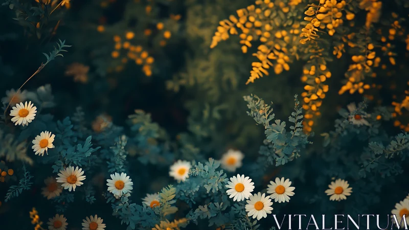 Moonlit Garden Where Daisies Dance with Golden Fern Cascades